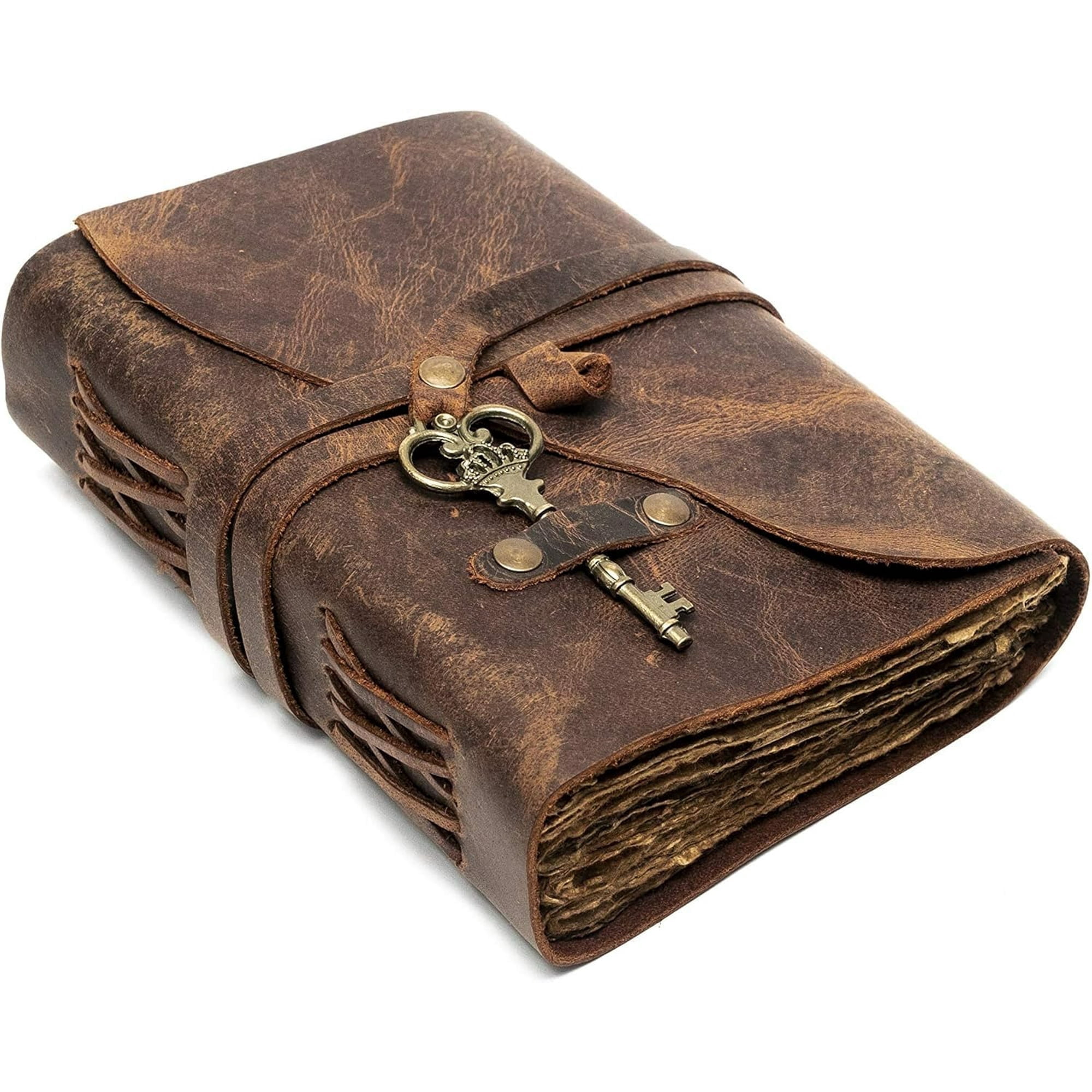 Vintage Leather Journal with Key – 200 Lined Pages Deckle Edge Handmade Paper, Lockable Antique Leather Bound Sketchbook, Book of Shadows, Writing & Drawing Journal – 8 x 6 Inch