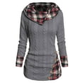 thumbnail image 4 of SLADYGLO Women Plaid Splicing Cowl Neck Long Sleeve Button Cable Knit Hood Sweater, 4 of 5