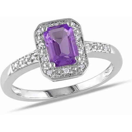 7/8 Carat T.G.W. Emerald-Cut Amethyst and Diamond-Accent Sterling Silver Halo Cocktail Ring