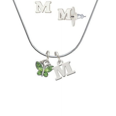 Mini Butterfly with Green Wings & Crystals – M Initial Charm Necklace and Stud Earrings Jewelry Set