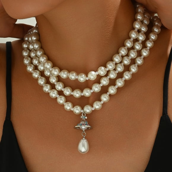 Faty-T Layered Pearl Necklaces,Crystal Rhinestone Saturn Planet Necklace,Ladies Pendant Necklace Minimalist Jewelry Friend Birthday Anniversary for Mum Her Wife