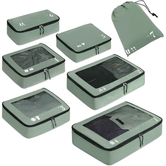 WANDF 7 Set Compression Packing Cubes Tear-Resistant Travel Packing Organizers with Number Icon,Compressible Suitcase Packing Organizer for Travel Accessories, Overnight,Camping(Green)