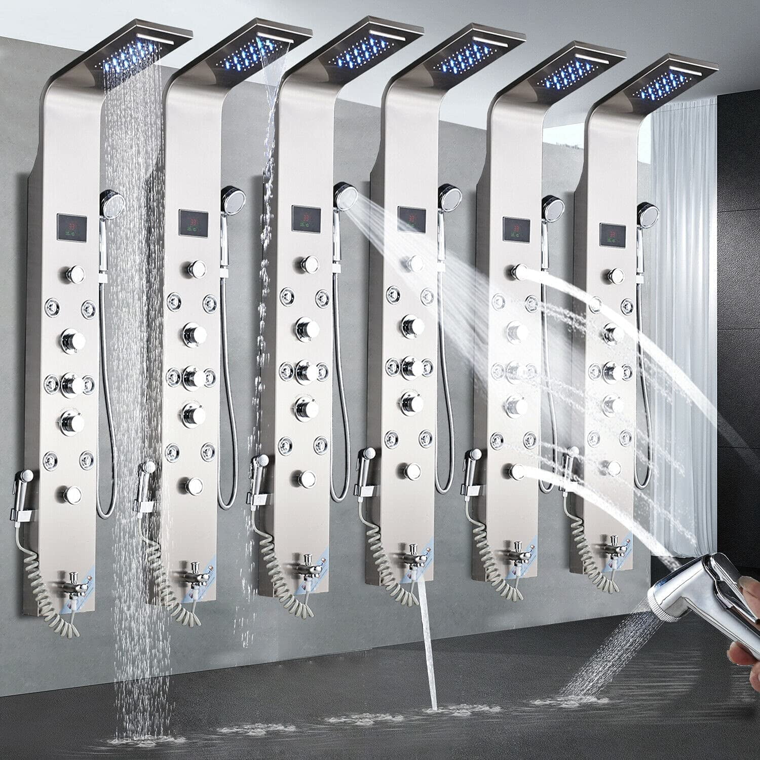 LED Shower Panel Tower System Multifunctional Shower Heads with Rain Massage Full Body Shower Jets Tub Spout Handheld Shower Wall Mounted Shower Panel Brushed Nickel