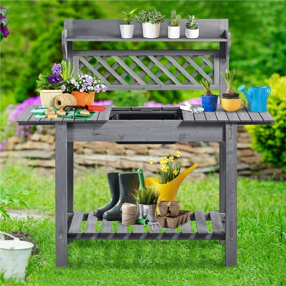 GHooa Potting Bench Garden Potting Table Planter Workstation Solid Wood Construction-Gray