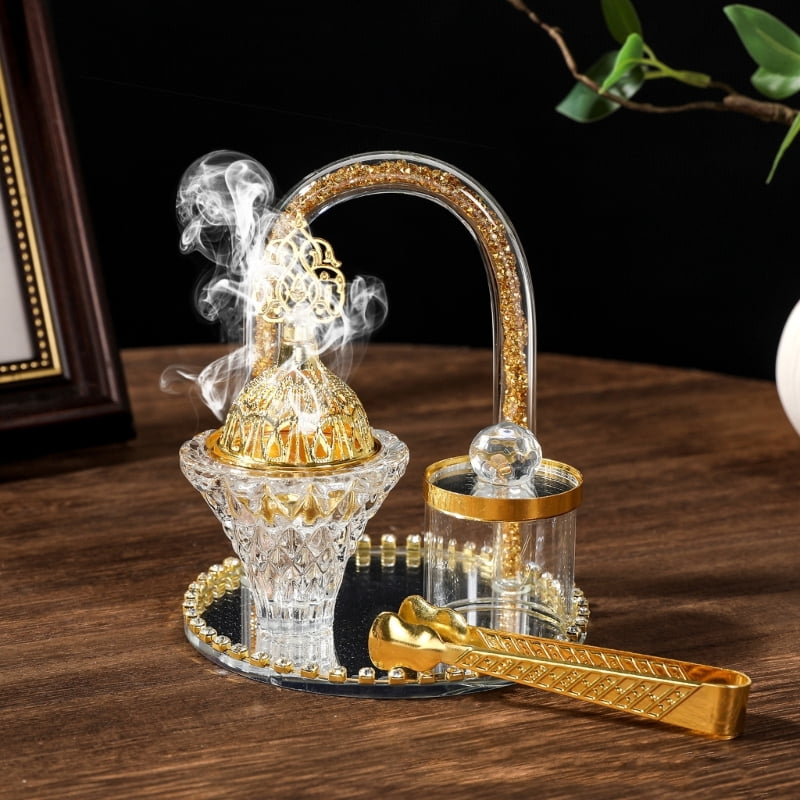 Decorative Metal Glass Incenses Holder with Tray Tongs and Jar Set Holiday Gift