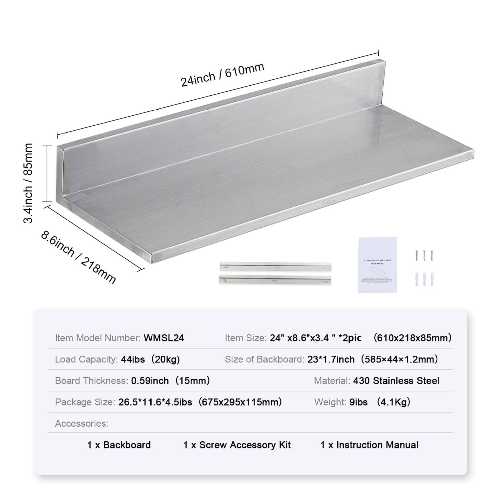Stainless Steel Shelf 8.6x24 inch, Wall Mounted Floating Shelves with Backsplash, 44lbs Capacity, Heavy Duty Storage for Kitchen, Restaurant, Bar, Hotel