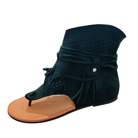 snilers Gladiator Sandals for Women Flat T-Strap Tassel Sandals Ankle Length Zipper Back Thong Sandals Retro Bohemian Fringe Roman Shorts Clearance