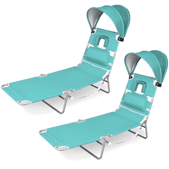 SUNSPIRE 2 Pack Folding Beach Lounge Chair with Face Hole Canopy Pillow Side Pocket, Portable Reclining Tanning Sun Lounger for Beach Pool Patio Mint
