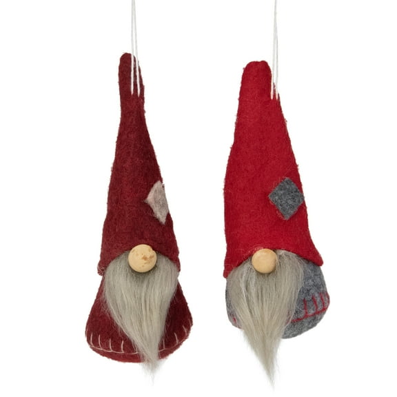 Set of 2 Gray Burgundy and Red Santa Gnomes Hanging Christmas Ornaments 4.75"