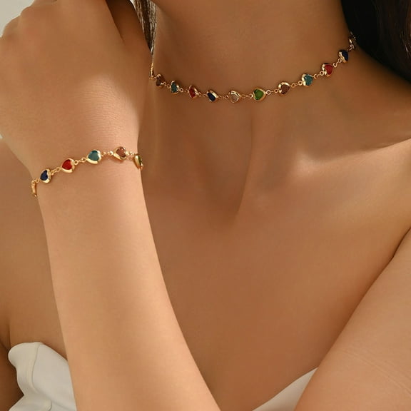 Ladies' Colored Gemstone Necklace Bracelet Set, Alloy Heart-Shaped Bracelet Rainbow Chain Jewelry for Party Dance Daily Wear