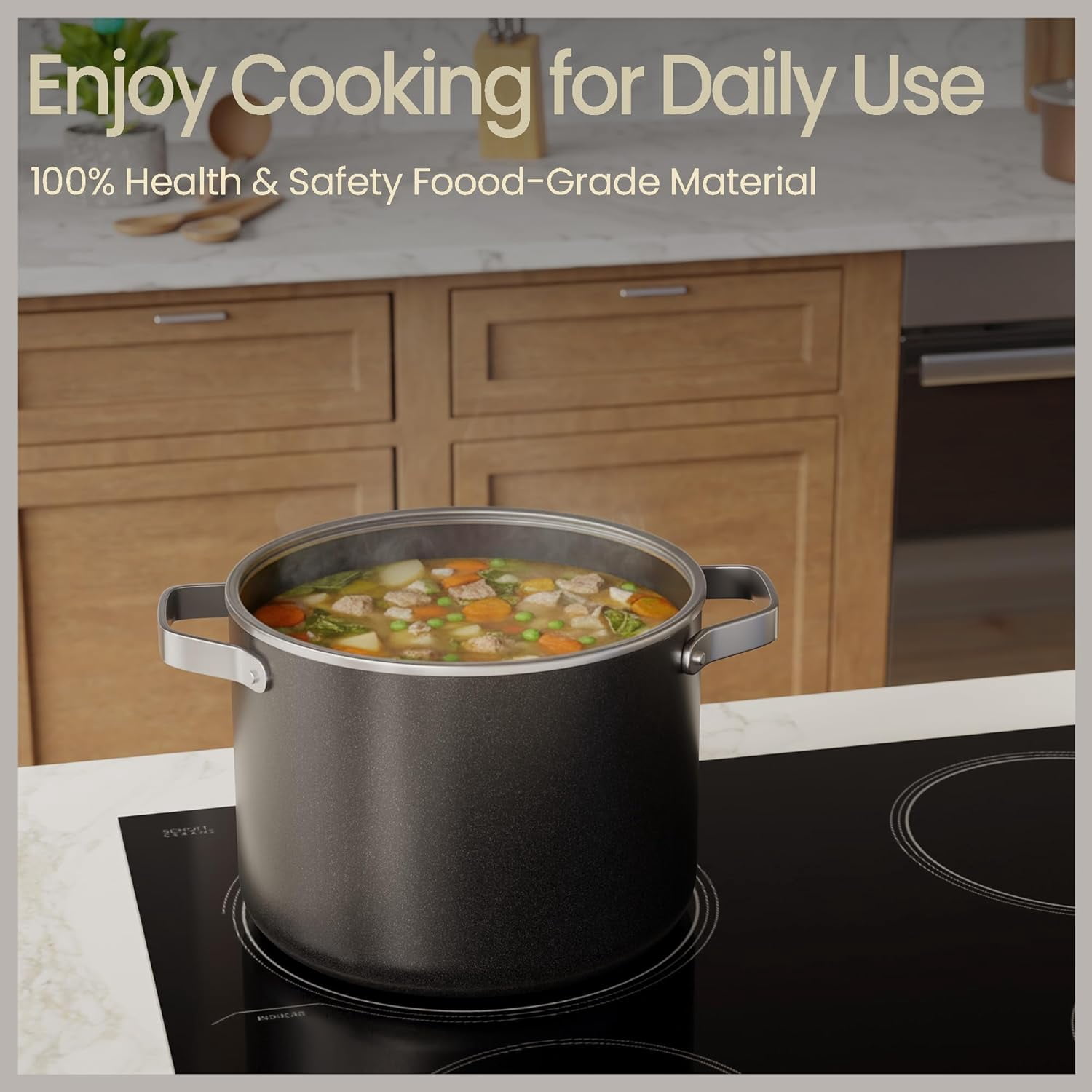 Bakken 8.5 Quart Ceramic Coated Stock Pot with Glass Lid, Nonstick, Oven Safe to 500°F, Stainless Steel Handles, All Stove Compatible, Black