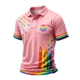 thumbnail image 3 of Men's Rainbow Peace Sign Polo Shirt with Colorful Star Splatter Graphic and Striped Cuffs Featuring Classic Collar Short Sleeves Pink L, 3 of 5
