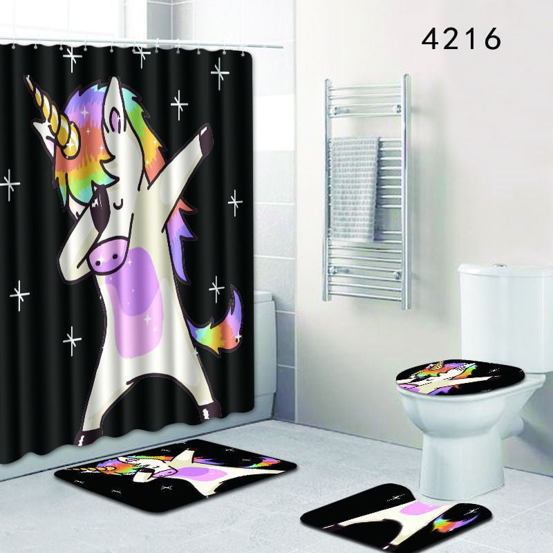 Unicorn Shower Curtain Bathroom Rug Set Thick Bath Mat Non-Slip Toilet Lid Cover 