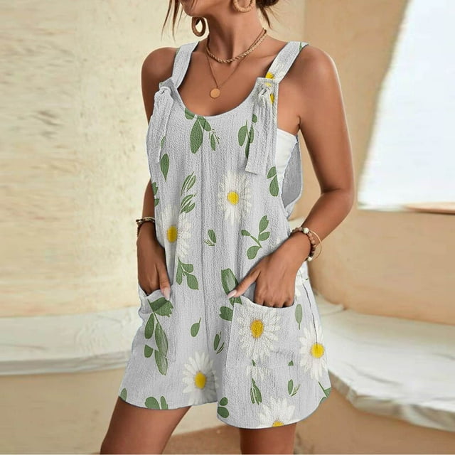 Puntoco Pantalones cortos de salón para mujer Pantalones cortos casuales con estampado de tirantes para mujer Pantalones cortos tipo mono con bolsillos