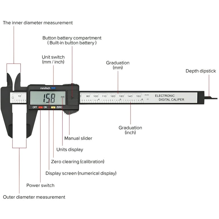 Digital Vernier Caliper, Plastic, Metric, Auto-Off, 0-6 Inch