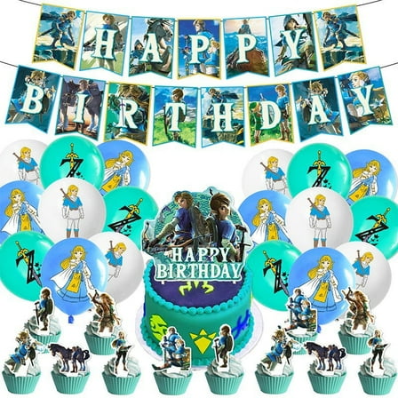 Legend Party Decorations,Zel-da Theme Birthday Party Supplies Includes Banner- Cake Topper - 12 Cupcake Toppers - 18 Balloons