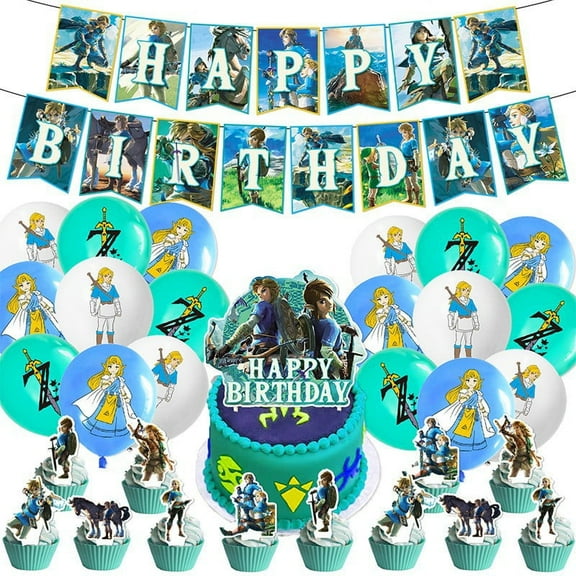 Legend Party Decorations,Zel-da Theme Birthday Party Supplies Includes Banner- Cake Topper - 12 Cupcake Toppers - 18 Balloons