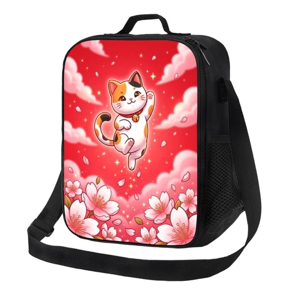 Cat Insulated Lunch Box,Japanese Lucky Cat Reusable Lunch Bag For Women,Pink Cherry Blossom Large Capacity Portable Thermal Bag For Office,Work,Picnic, Weekend Outings