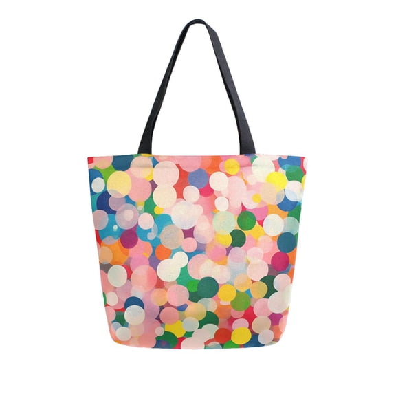 FORMRS Womens Canvas Tote Bag with Zipper Inner Pocket Shoulder Handbag, Pink Colorful Circles