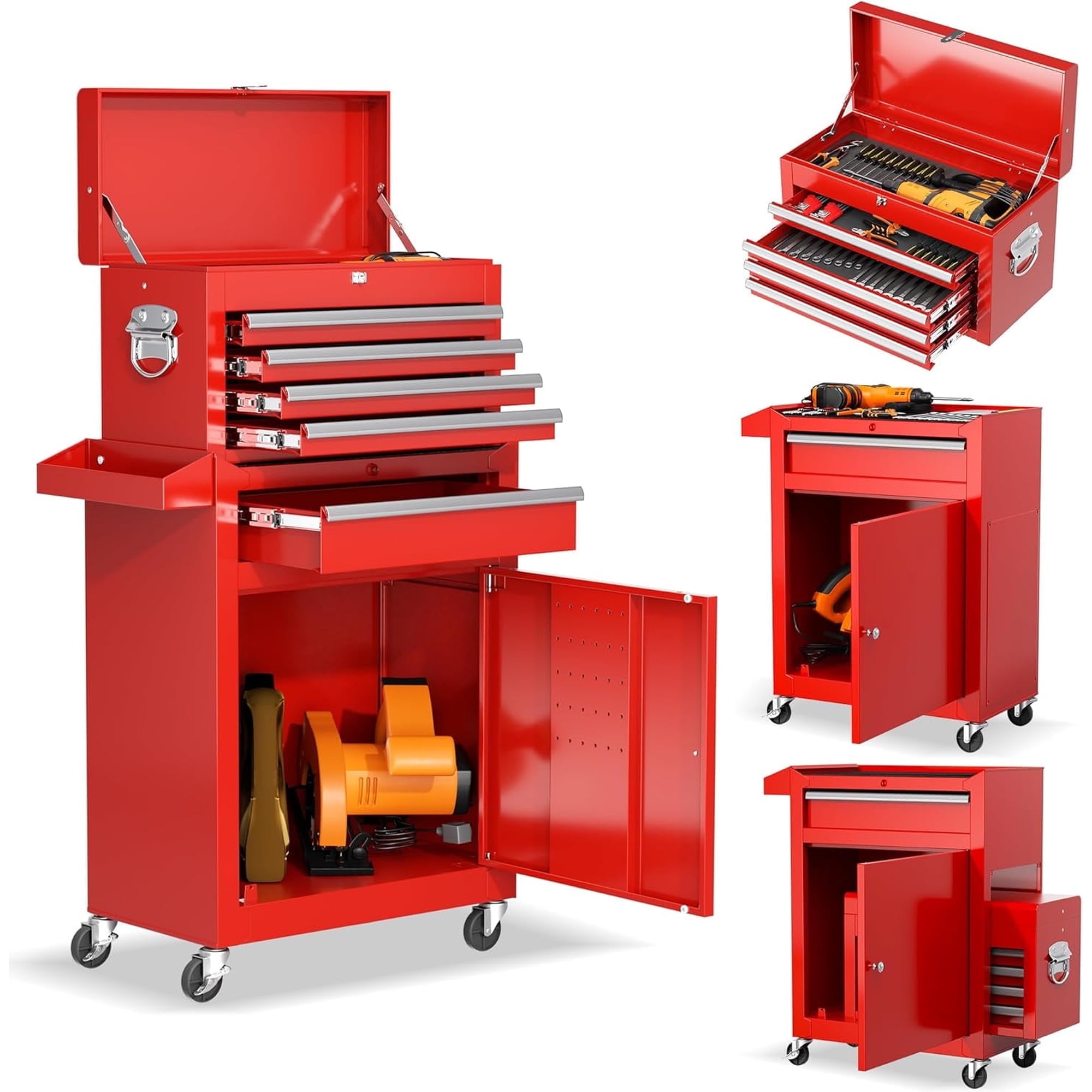 SOLAURA 5-Drawer Rolling Tool Chest Cabinet Metal Tool Storage Box Lockable with Wheels, Red