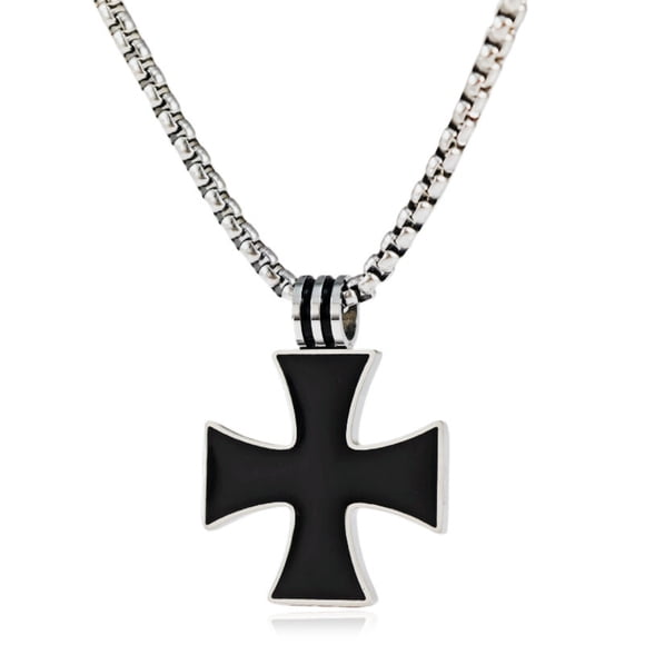 Stainless Steel Iron Cross Pendant Necklace - 32.3mm x 24.8mm x 3mm Hypoallergenic Black Enamel Charm with 60cm Cable Chain and Lobster Clasp for Daily Wear