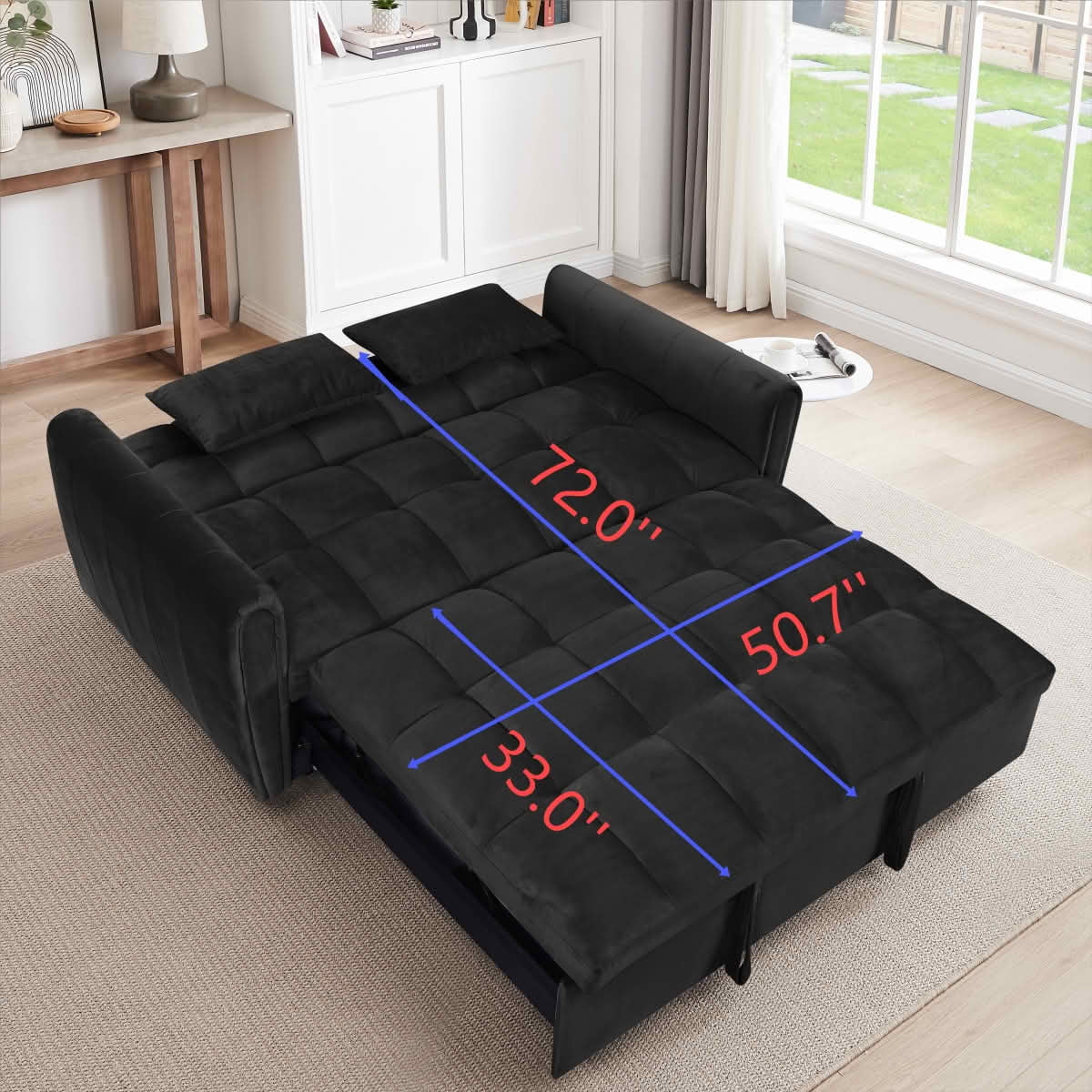 MAYEERTY 65 Inch Black Velvet 3-in-1 Convertible Foldable Sofa Bed, 2-Seat Adjustable Backrest Futon Couch with Throw Pillows