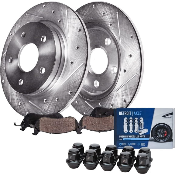 Detroit Axle - Rear Brake Kit for 2013-2016 Ford Fusion 2013-2014 Lincoln MKZ Drilled & Slotted Brake Rotors Ceramic Brake Pads 10pc Wheel Lug Nuts [11.89 inch Rotors]