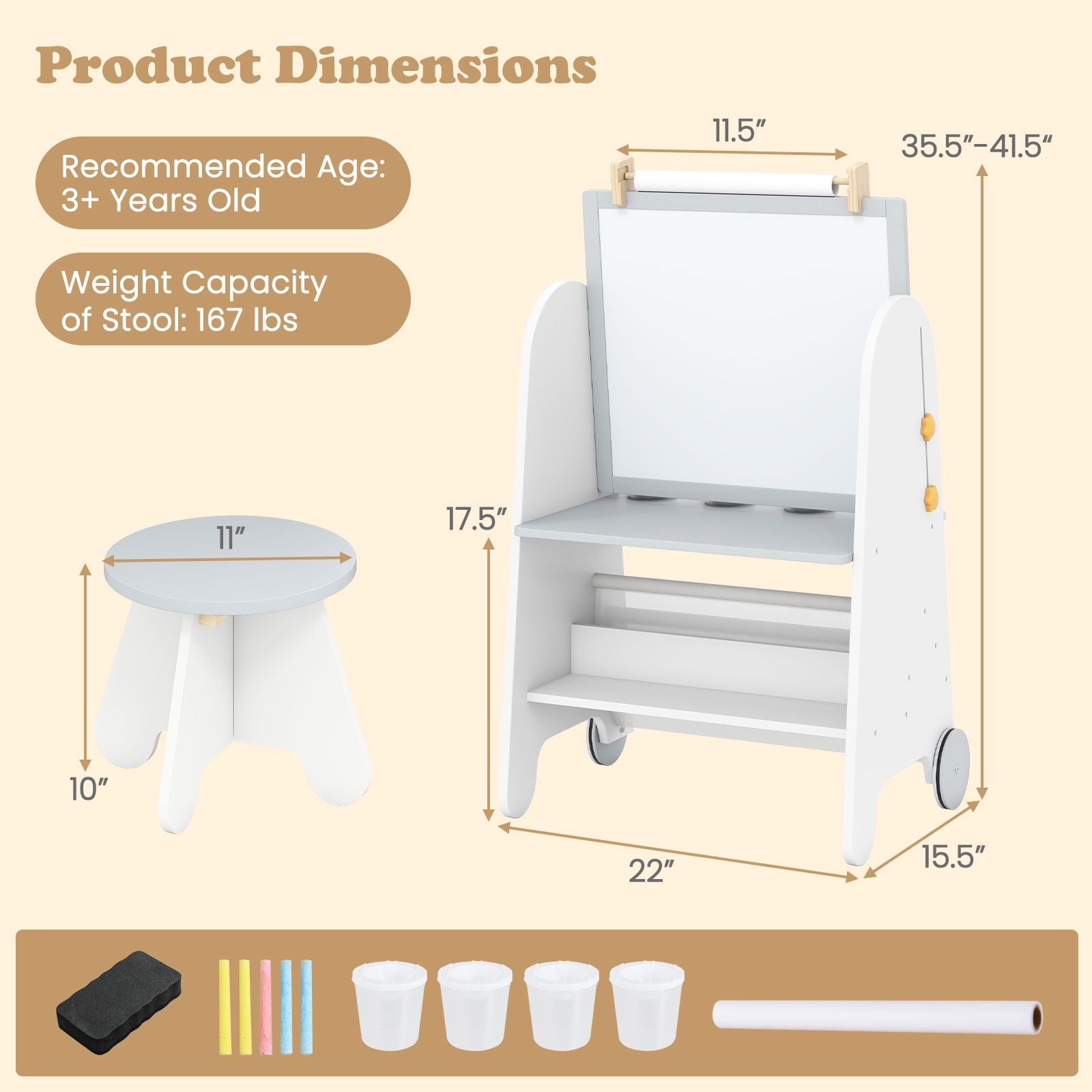 INFANS Easel for Kids with Stool, 4-in-1 Double-Sided Adjustable Magnetic Chalkboard with Paper Roll, Bookshelves, Wheels, Wooden Standing Painting Drawing Art Board for Boys Girls