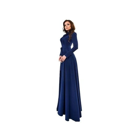 - Women's Long Sleeve Cotton Blend Blue Dress Evening Party Full Length Maxi Gown Dresses