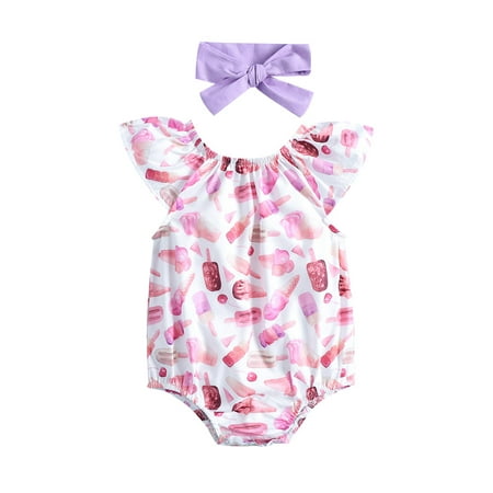 

Calsunbaby Newborn Baby Girls Romper Set Fly Sleeve Ice Cream Print Romper Headband Summer Outfits Clothes Purple 0-6 Months