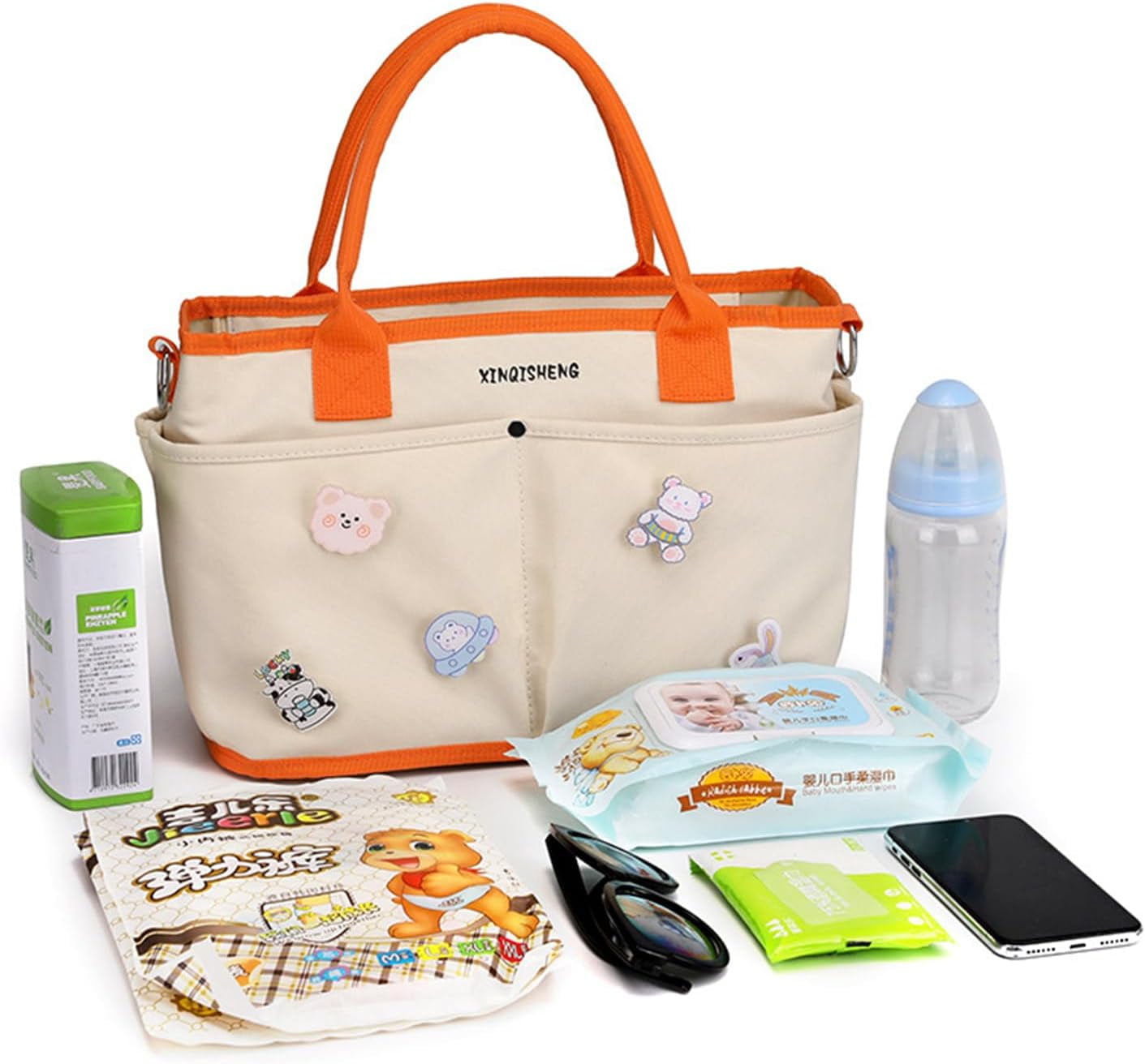 Diaper Bag Baby Tote Large Capacity Baby Changing Bag with Insulated Pockets Stroller Straps, Bear Pendant