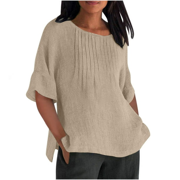 Vestidos Casuales Para Mujer, Blusas De Mujer De Moda Blusa holgada de cuello redondo de color liso para mujer, camisa informal de media manga para el trabajo, túnica