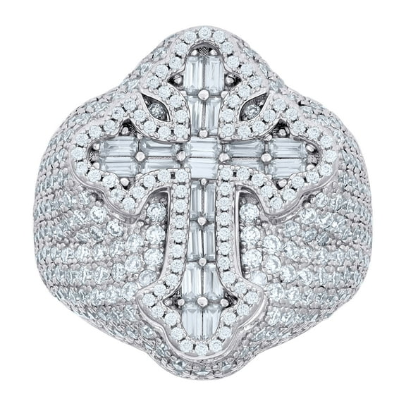 925 Sterling Silver Round & Baguette Cut Moissanite Men's Iced Out Pointed Cross Pinky Ring 6.03 Ct. | Size 10