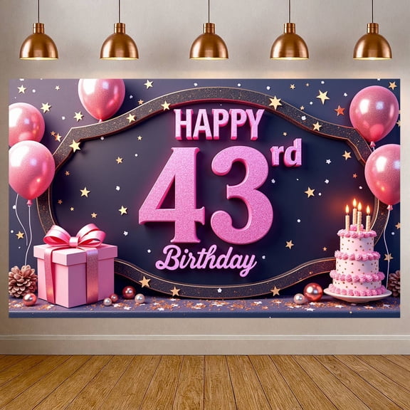 Pink Glitter Happy 43rd Banner Gold Stars 43rd Birthday Display Pink Balloons Gift Box Birthday Backdrop for 43rd Birthday Party Indoor Celebration Photo Shoot