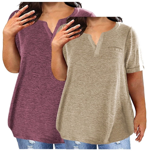 SwiftWear Plus Size Women's 2-Pack Solid Color V-Neck Blouse-Tee Set - Summer Casual Relaxed Fit Short Sleeve Tops with Mix & Match