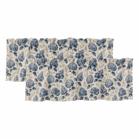 Vintage Hydrangea Valances for Window 2 Pack, Blue Pastoral Botanical Flower Leaf Linen Window Valance Curtains for Kitchen, Rod Pocket Short Curtains for Bathroom Bedroom Decor, 54" x 18"