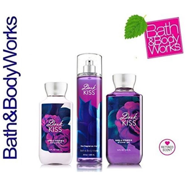 bath & body works dark kiss gift set body lotion, shower gel and