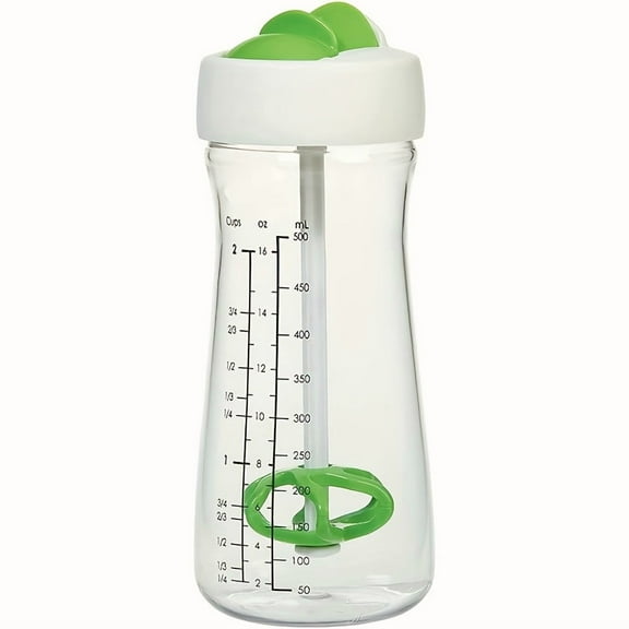 Leak-Proof Salad Dressing Shaker Cup with Measurement Markings – Easy Pour, Spiral Mix Design, Plastic Condiment Bottle with Green Lid and Stirring Ball for Kitchen Use,