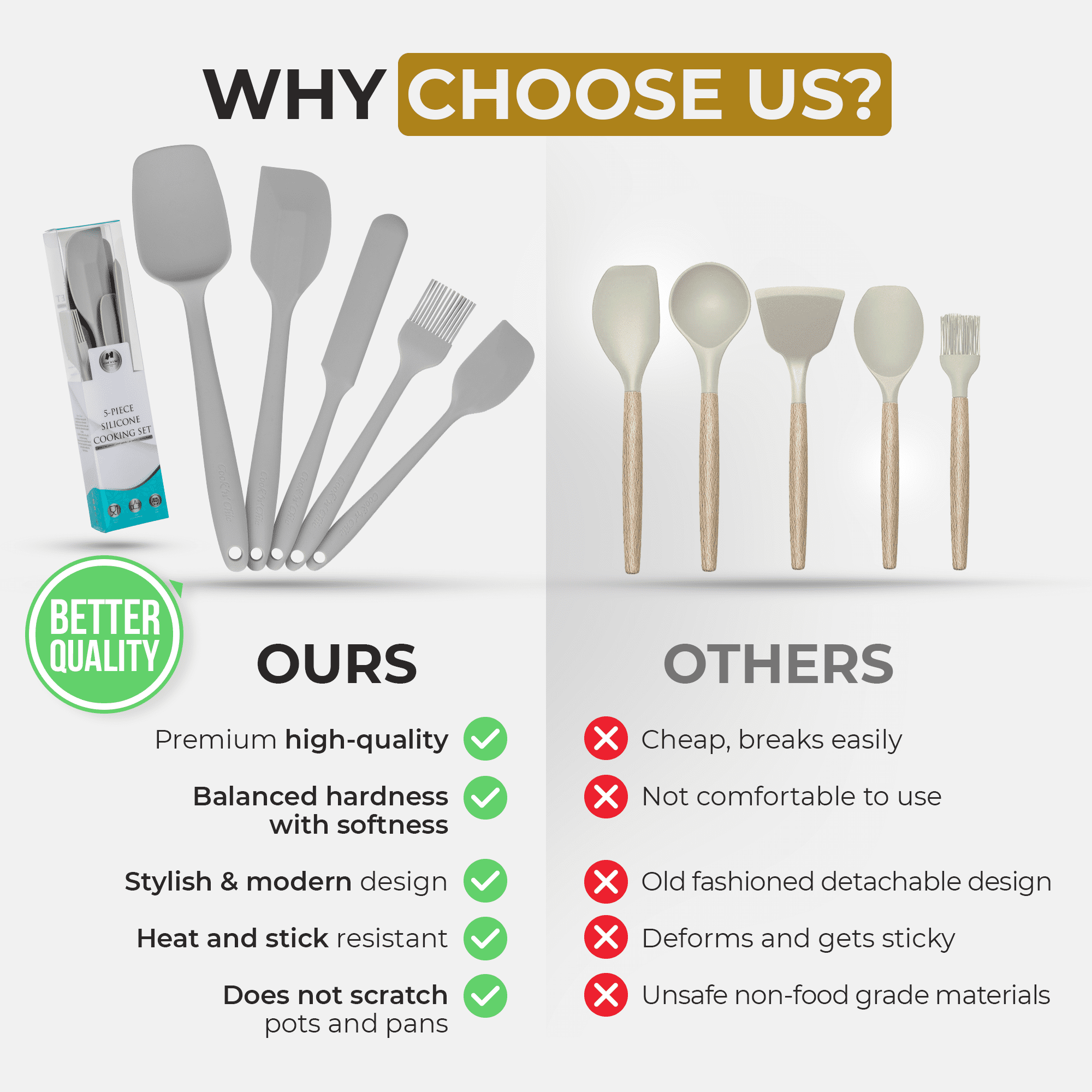 Kitchen Utensils Set | Cooking Set | Platinum Silicone | Durable | Food Safe | Steel Inner Core | Soft Edges | Baking Gift by Cook'n'Chic
