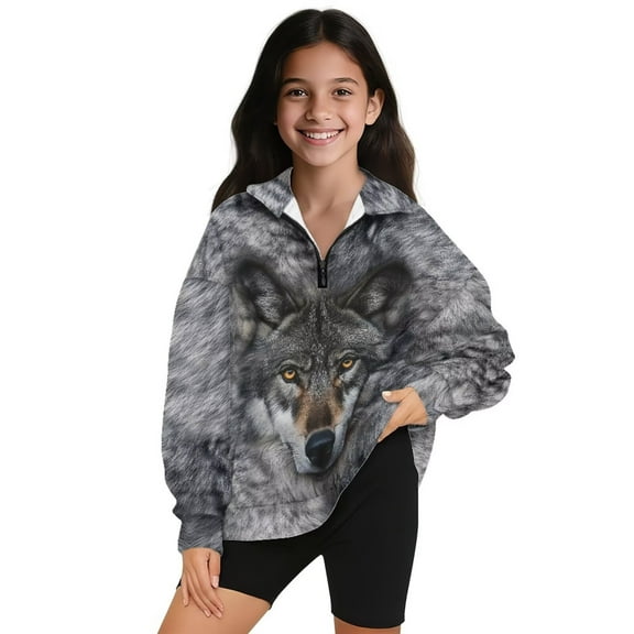 Uorisanigo Gray Wolf Kids Girls Sweatshirt Casual Long Sleeve Pullover Crop Top Oversized Quarter-Zip Pullover Jacket for Teen Girl School Athletic Tops Fall Fashion Outfits Clothes