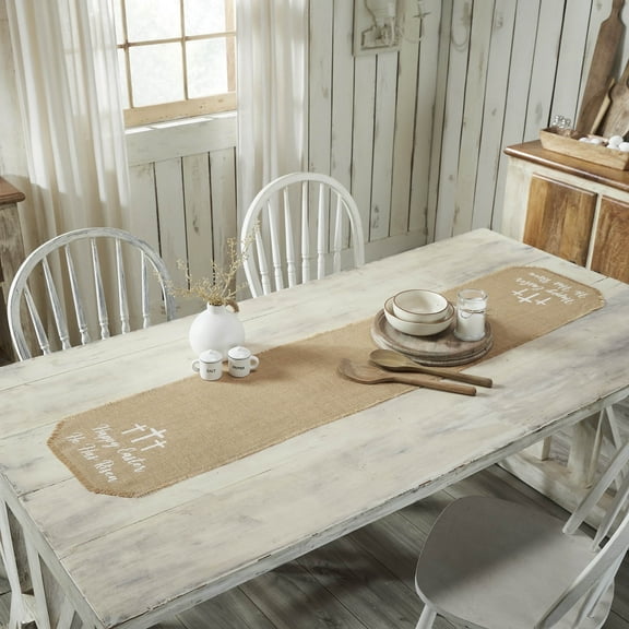 VHC Brands Celebrate Grace Jute Burlap Happy Easter Runner 12x60, Jute Dining Room Kitchen Table Runner, Jute Style, Spring Decor