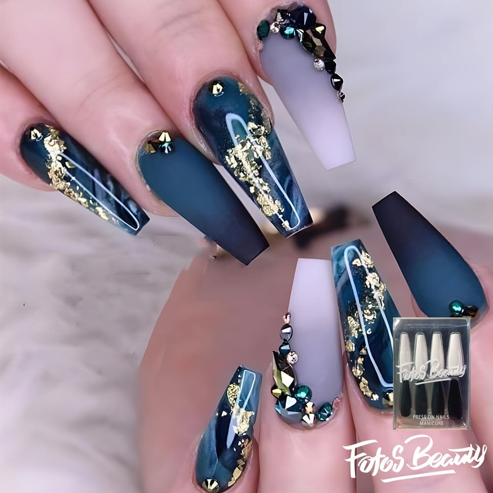 Matte Long Coffin Nails Blue White Press Nails - Temu