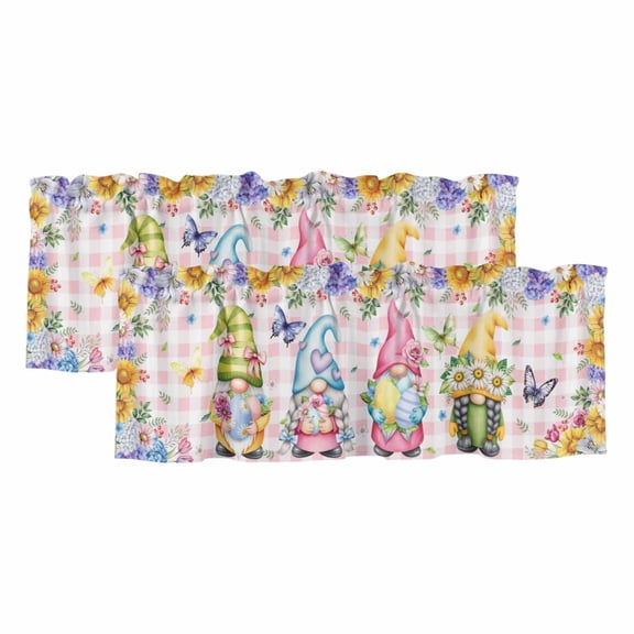 2 Pack Valances for Window, Easter Eggs Short Curtains for Kitchen Bedroom Living Room, Spring Floral Gnomes Plants Butterflies Pink Plaid Small Window Treatment Valance Drapes 60 x 18 Inch