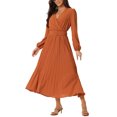 thumbnail image 4 of INSPIRE CHIC Robe Plissée pour Femme Manches Longues Bouffantes Col en V Robe avec Ceinture à la Taille P Rouge Brique, 4 of 6