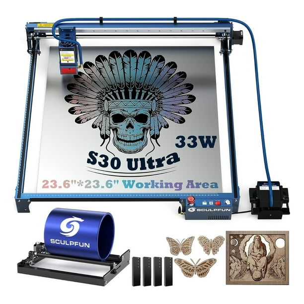 SCULPFUN S30 Ultra 33W Grabadora láser con asistencia de aire automática de 600 x 600 mm + juego de rodillos rotativos