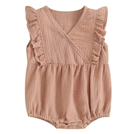 Mevireiy Baby Girls Sleeveless Bubble Romper Lace Trim Solid Color Bodysuit Outfits Pink 12-24 Months