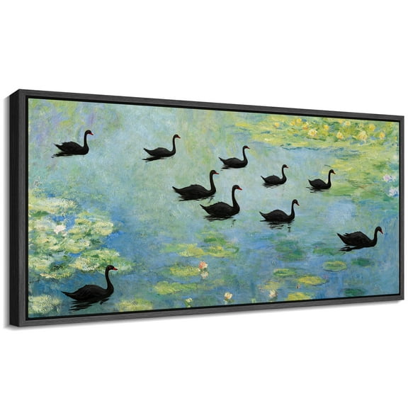 Large Framed Canvas Print Impressionist Black Swans on Water LiliesWall Art Decorative Ready to Hang Painting for Living room Bedroom 60x30 inches Black Frame