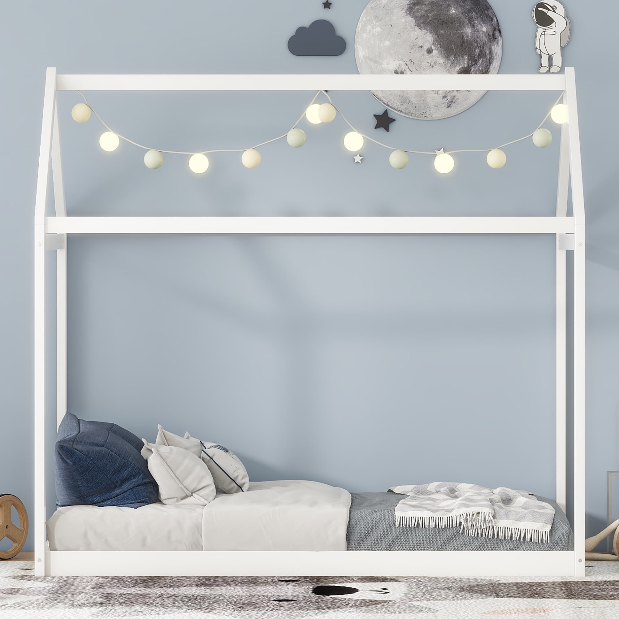 MODERNLUXE Wood Twin Size House Platform Bed, Low Profile Floor Bed, White