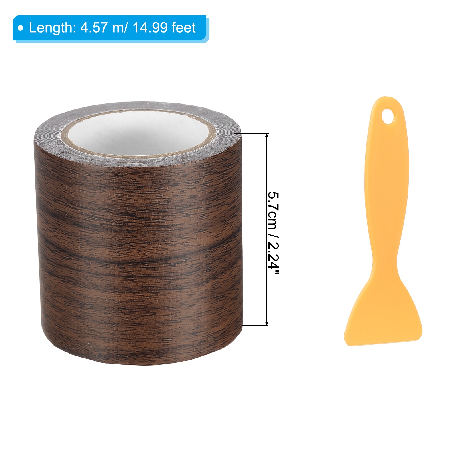 Uxcell Wood Grain Repair Tape 2.2" x 14.99' Self Adhesive Realistic Textured Repair Tape Patch with Scraper Dark Brown Oak