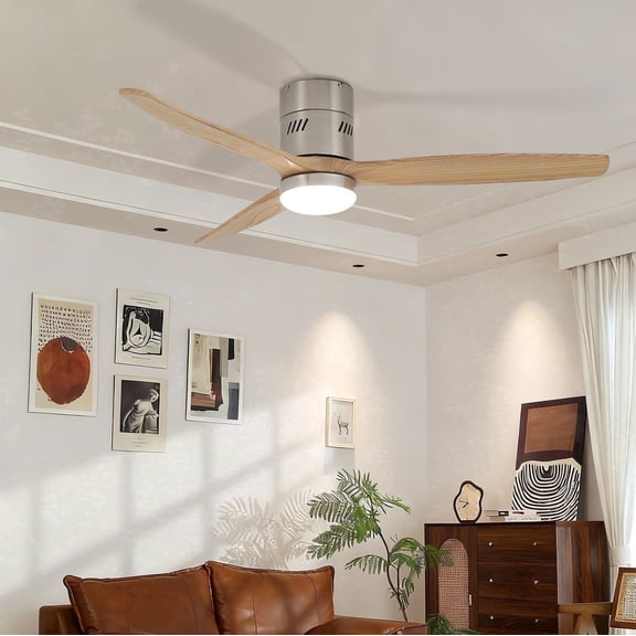 Taimei Ryme 52 in. Nickel Oak Flush Mount Ceiling Fan with Light and Remote, DC Motor, Reversible